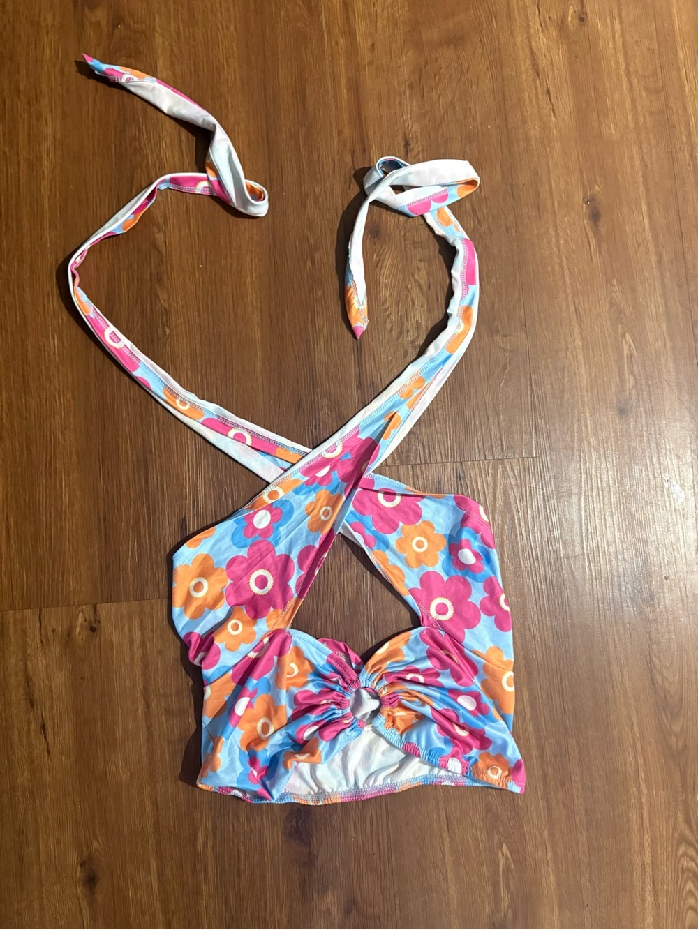 SHEIN Pastel Pink and Light Blue Floral Halter Bikini Top
